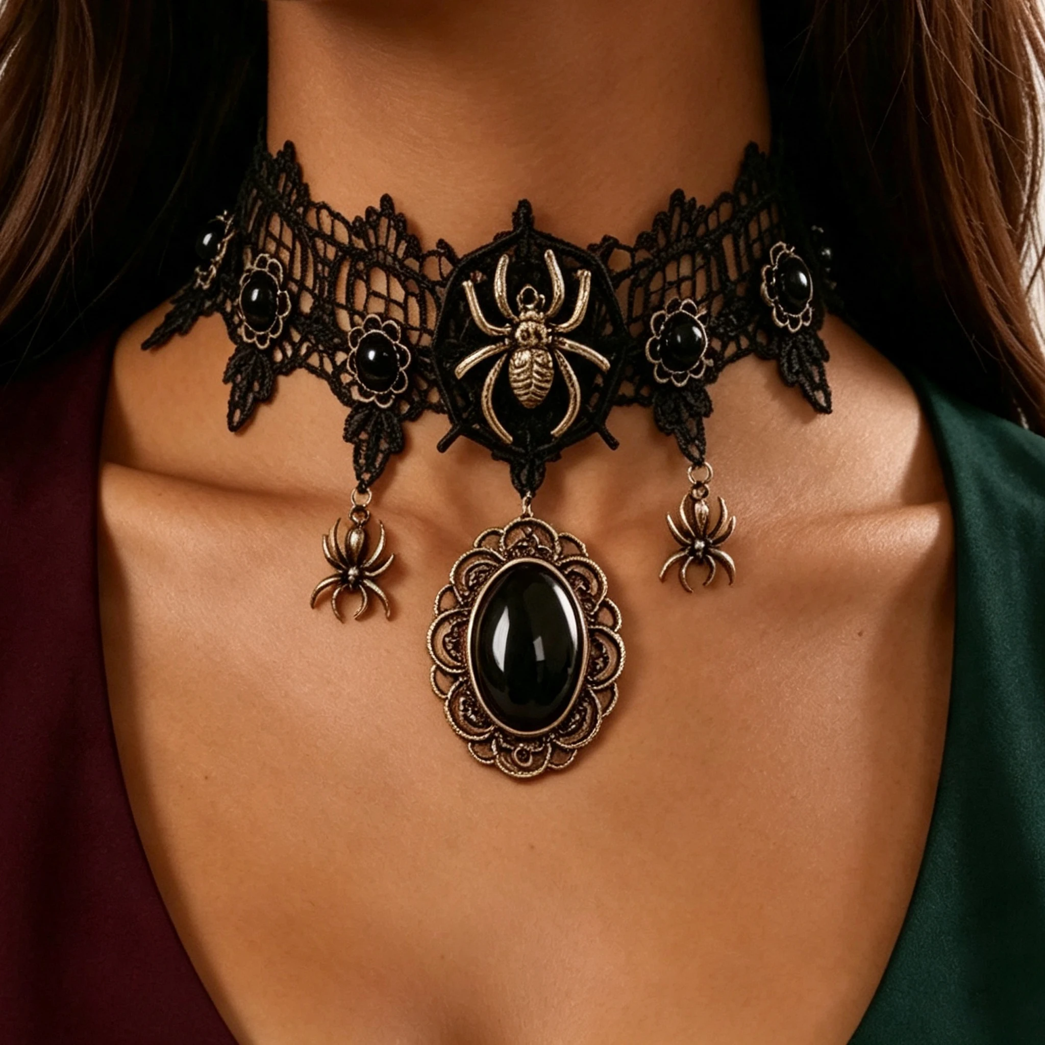 Gothic Black Lace Choker Necklace Vintage Alloy Spider Black Gem Pendant Witch Halloween Party Neck Jewelry for Women