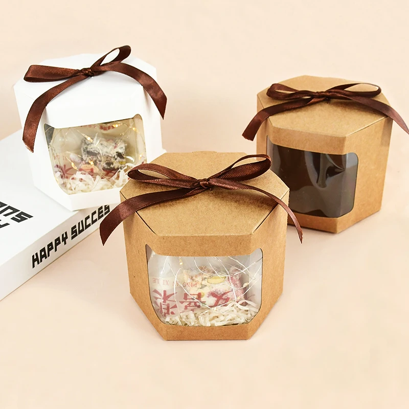 

5Pcs/set Kraft Paper Ribbon Candy Box Transparent PVC Window Chocolate Cookie Gift Packaging Boxes Wedding Party Favor Gifts Bag