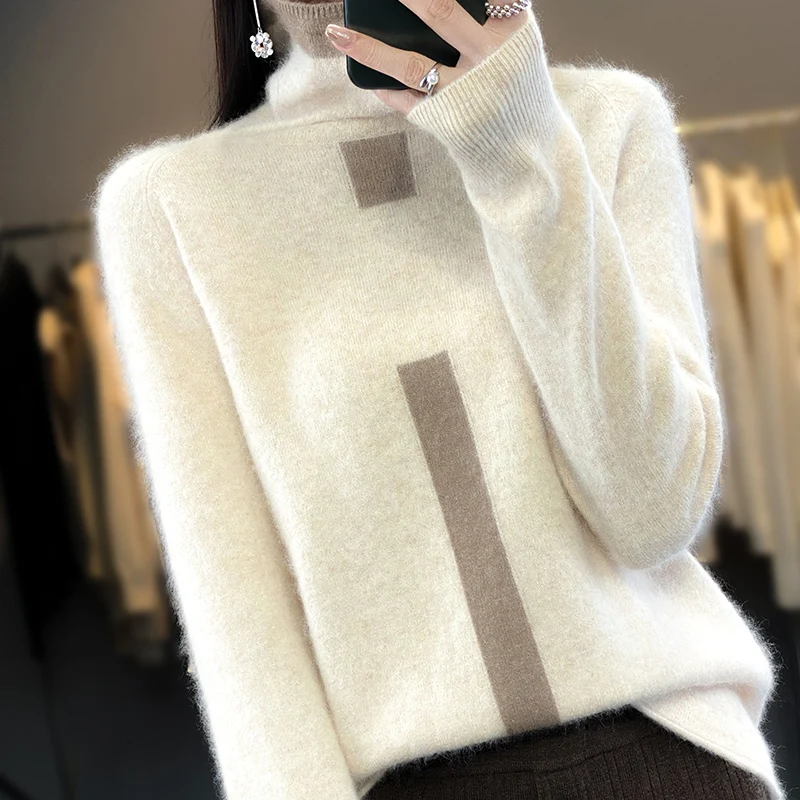 RONGYI 100% Mink Cashmere Women\'s Turtleneck Pullover Knitted Color Matching Fashion Casual Coat Autumn And Winter Hot Top