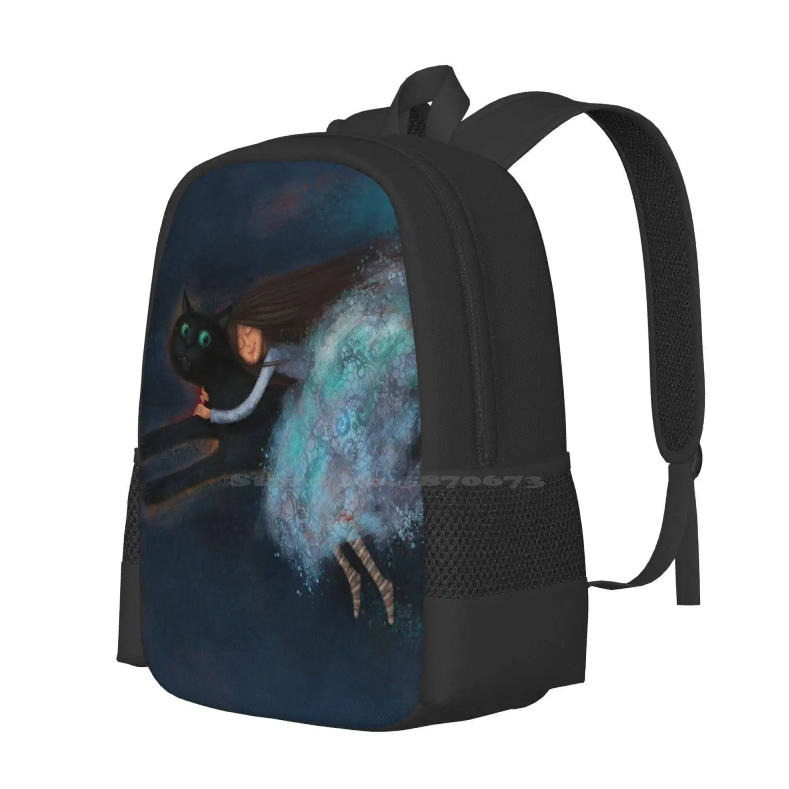 Flying On My Cat Backpack For Student School Laptop Travel Bag Princess Beauty Black Cat Cool Cats Delightful Girl Delightful