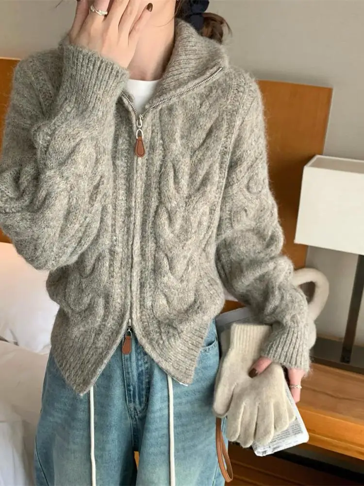 

Korean Fashion Women's Beige Long Sleeve Double Zipper Cardigan Sweater Autumn Winter Khaki Short Crochet Knit Tops Simplicity