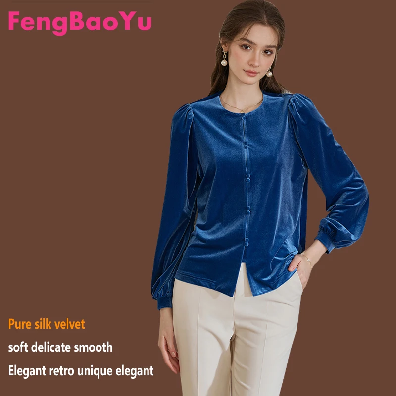 

Fengbaoyu Luxury Style Silk Velvet Women's Shirt - Long Sleeve Blouse with Lantern Style - Elegant and Retro, Comfortable