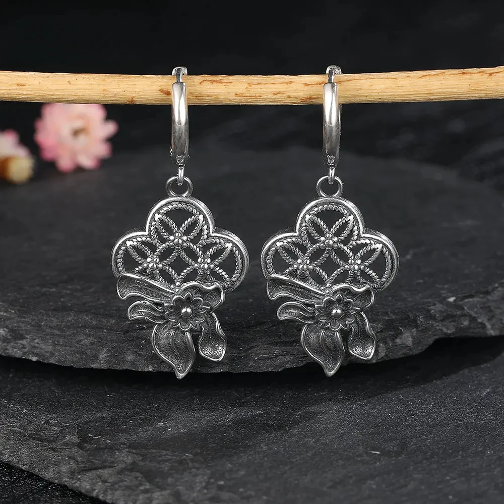 

925 Sterling Silver Earring Flower Leaf Shaped Hoop Earring Vintage Fine Jewelry Women Anniversary Gift