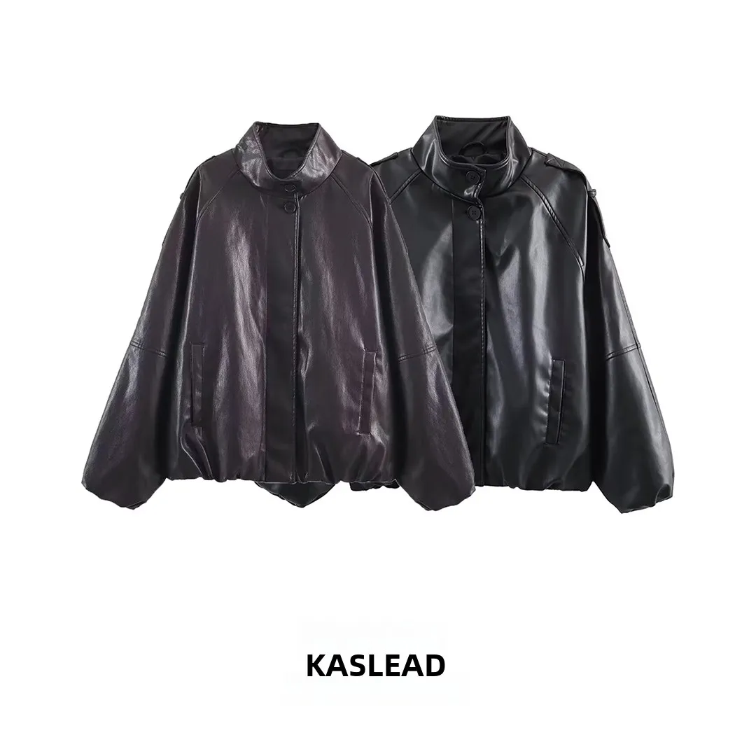 

KASLEAD New Faionable Women's Stand Collar Jaet Outerwear Synthetic Leather 638025 Long Sve Button Closure Polyester