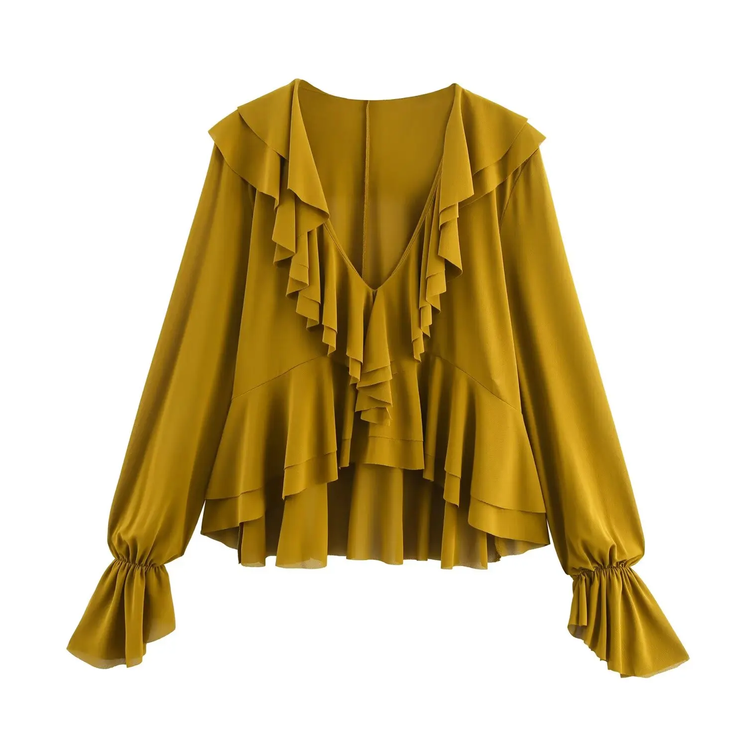 

HH Women Autumn Fashion Vintage V-neck Draped Layered Decorative Long Sleeve Top Female Elegant Asymmetric Hem Casual Shirt