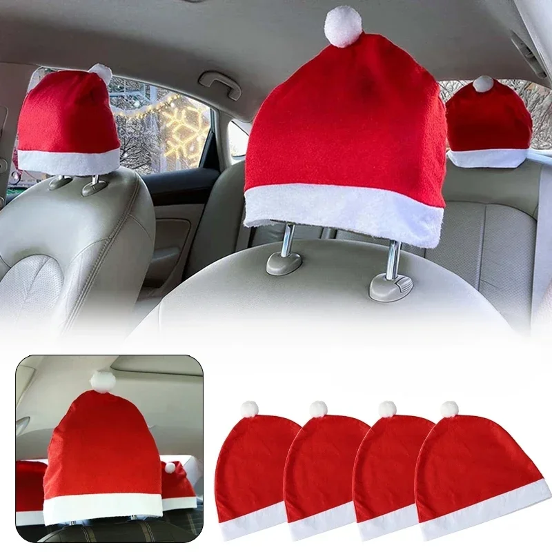 

4PCS Christmas Car Seat Headrest Cover Christmas Ornaments Seat Protection Santa Hat Car Decoration Car Seat Accessories