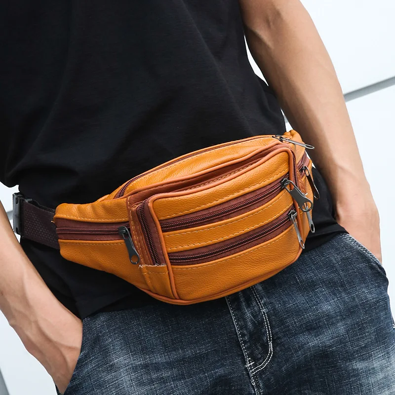 Waist Bag Fanny Pack Male Genuine Leather For Men Women Belt Pouch Handbag Shoulder Man Kangaroo Hip Sack Belly Cross Banana