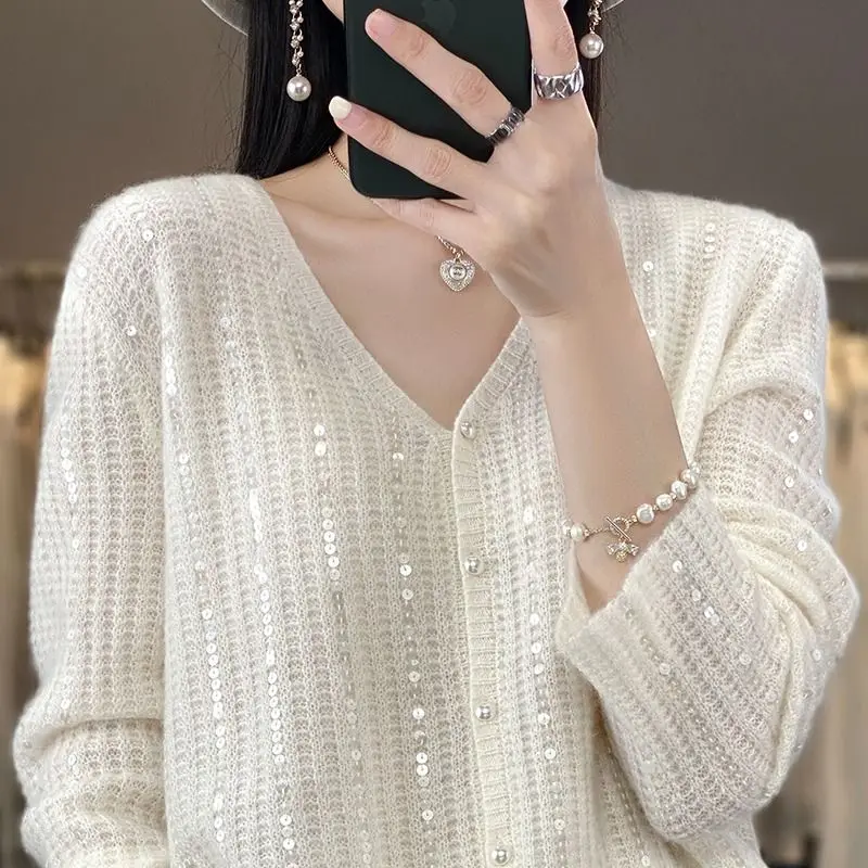 2023 Spring Autumn New Solid Color Fashion V-neck Sweater Women Fashion High Street Long Sleeve Cardigan Chic Sequined Tops