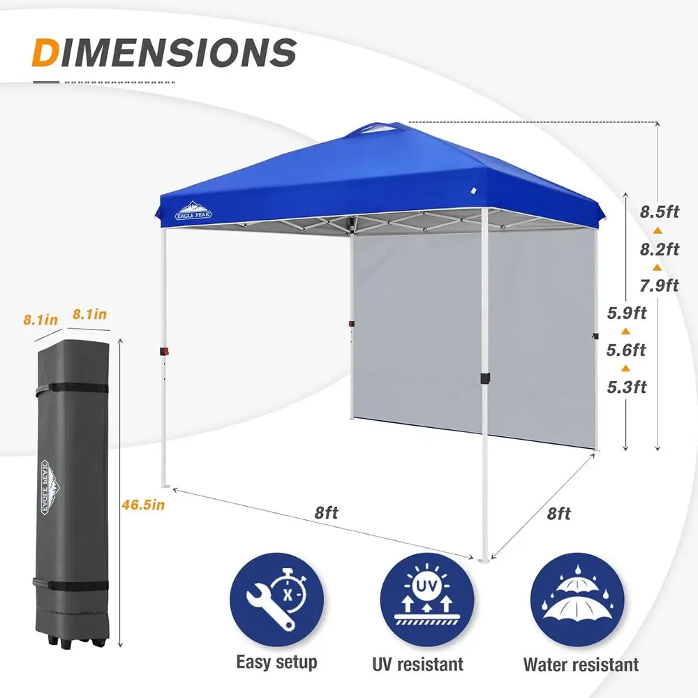 Quick-Setup 8x8 Outdoor Canopy with Side Panel, Wheeled Bag, Stakes, and Ropes, Blue Shade Tent