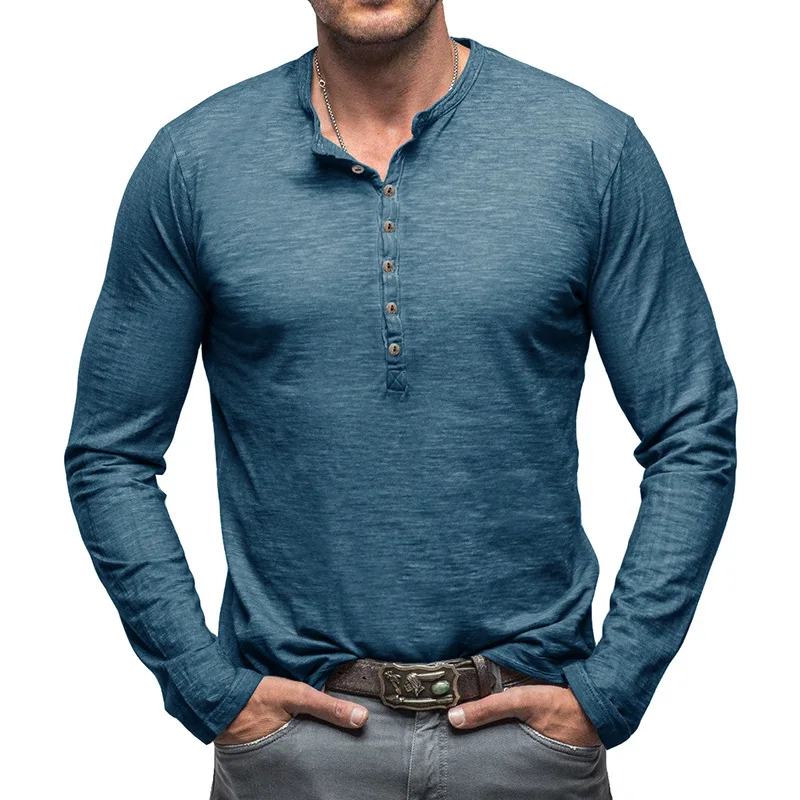 

2024 Men's Button Solid Color Long Sleeve Men's T-shirt Outdoor Europe and America Men's Henry Shirt Bamboo Cotton Top