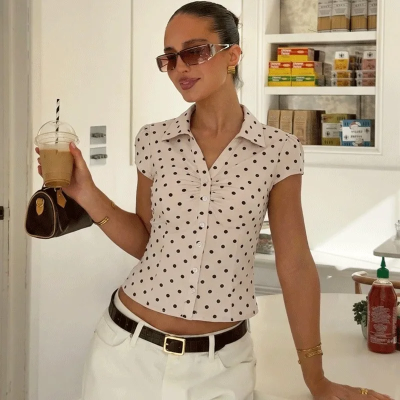 

Ticketsx Summer Fashion Polka Dot Tops Women’s Contrast Lapel Button Slim T-Shirts Vintage Elegant Female Vacation Commute Tops