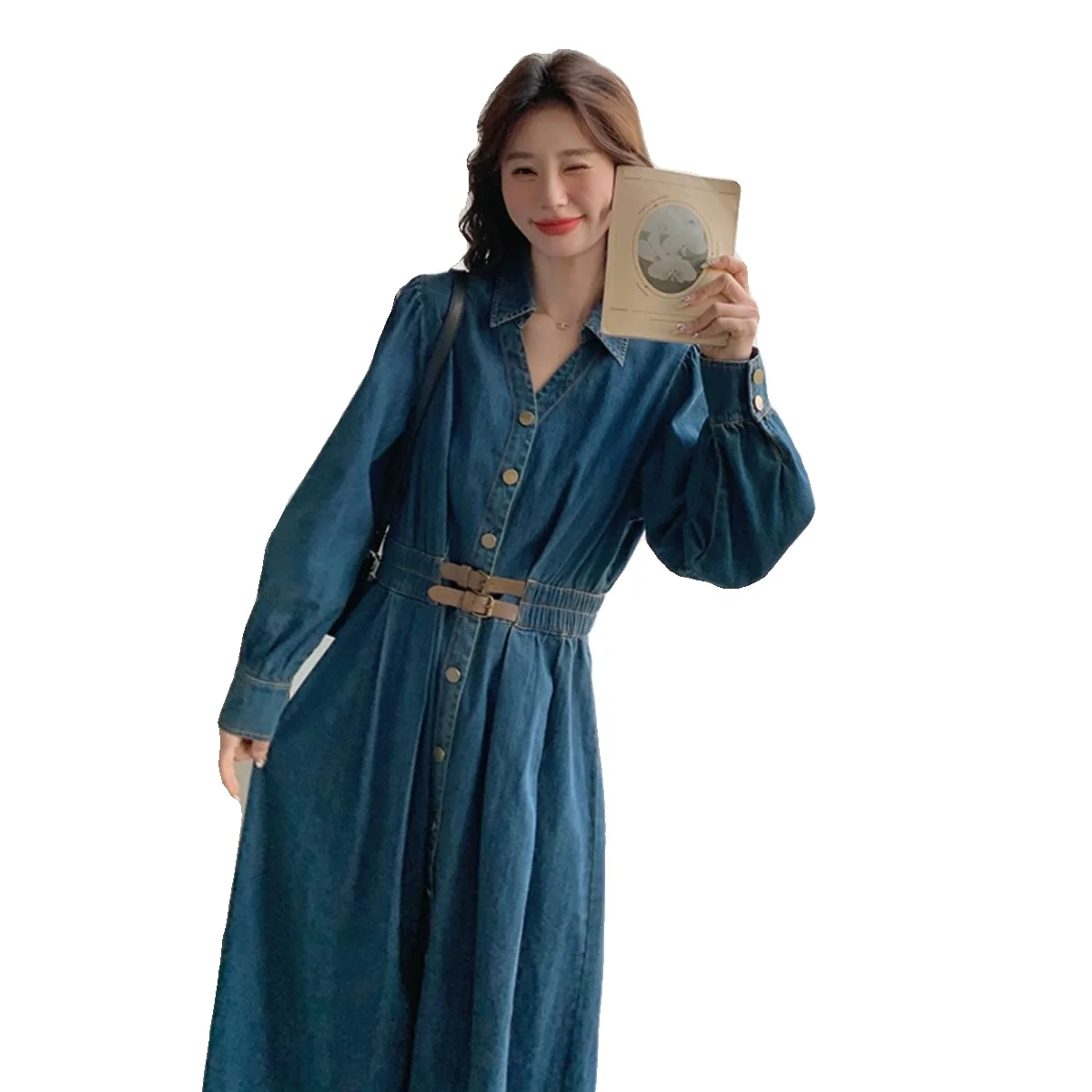 فستان نسائي فرنسي ريترو أزرق من قماش الدنيم بصدر واحد صغير على شكل حرف v على شكل حرف a فساتين تنحيف الخصر على الموضة لربيع الخريف