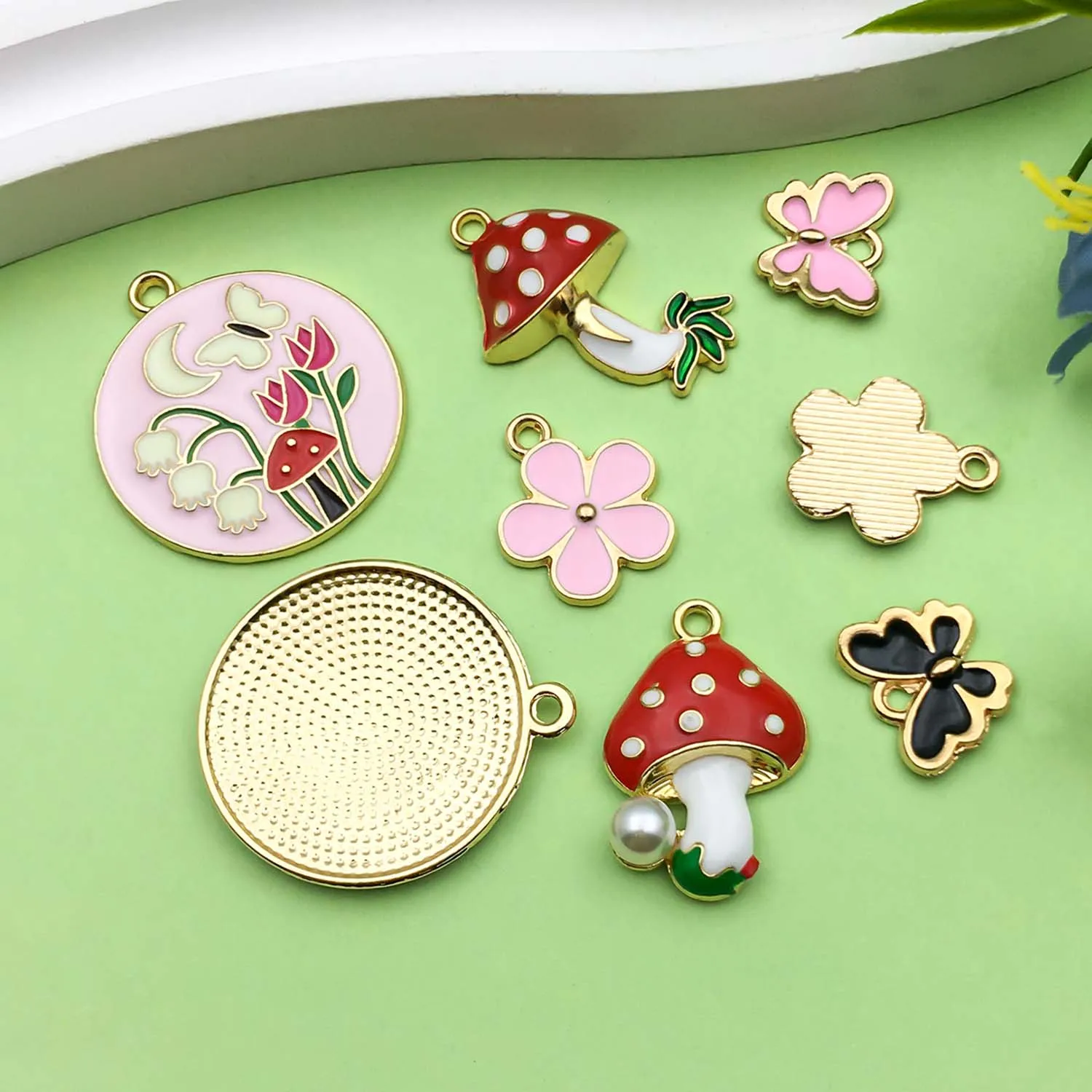 8/10pcs Colorful Enamel Mushroom, Flower, Butterfly Design Charms Alloy Plant Insect Pendants for DIY Jewelry Making Accessories