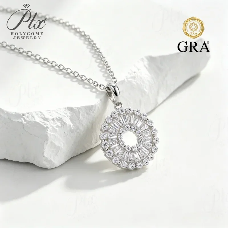 Moissanite Pendant Baguette Round Halo Circle Necklace S925 Sterling Silver Anti-Allergy Women Necklace Daily Commute Jewelry