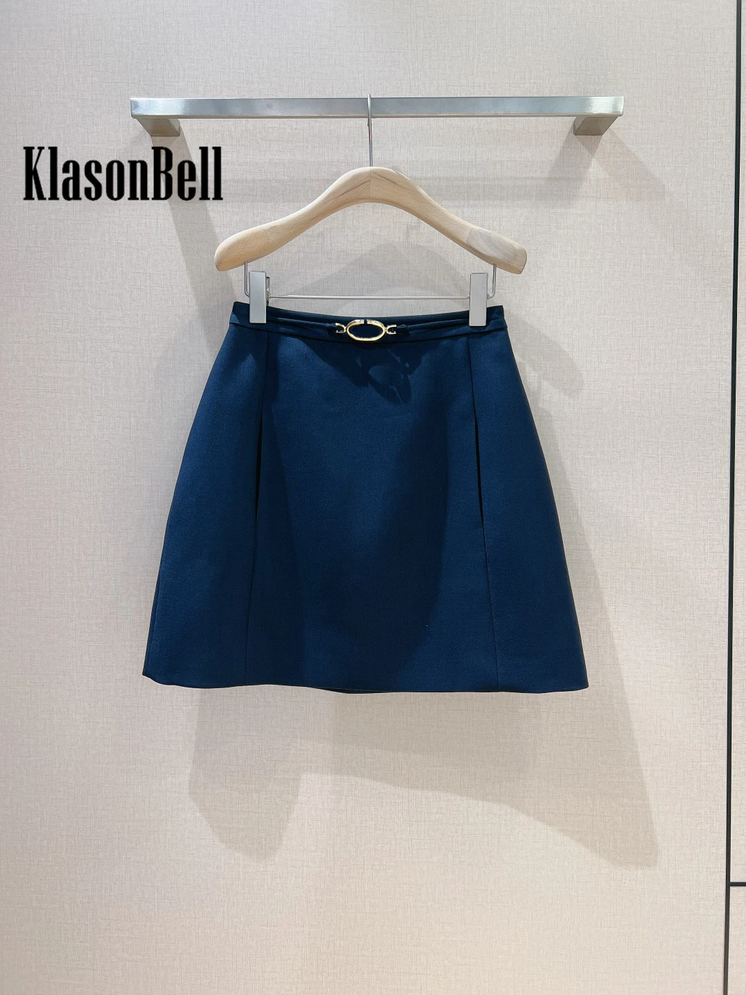 8.16 KlasonBell Women Metal Letter Seahes Design High Waist Deep Blue Skirt Simple All-matches Two Side Pocket Mini Skirt