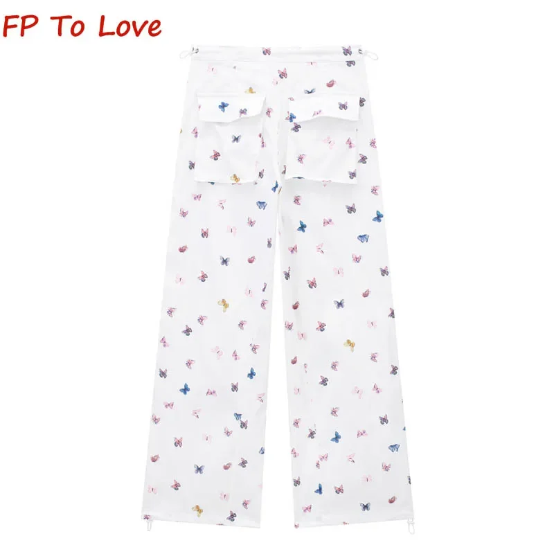 Y2K Spice Girl Butterfly Print Drawstring Wide Leg Work Pants Summer High Waist Loose Drawstring Straight Drag Casual Pants