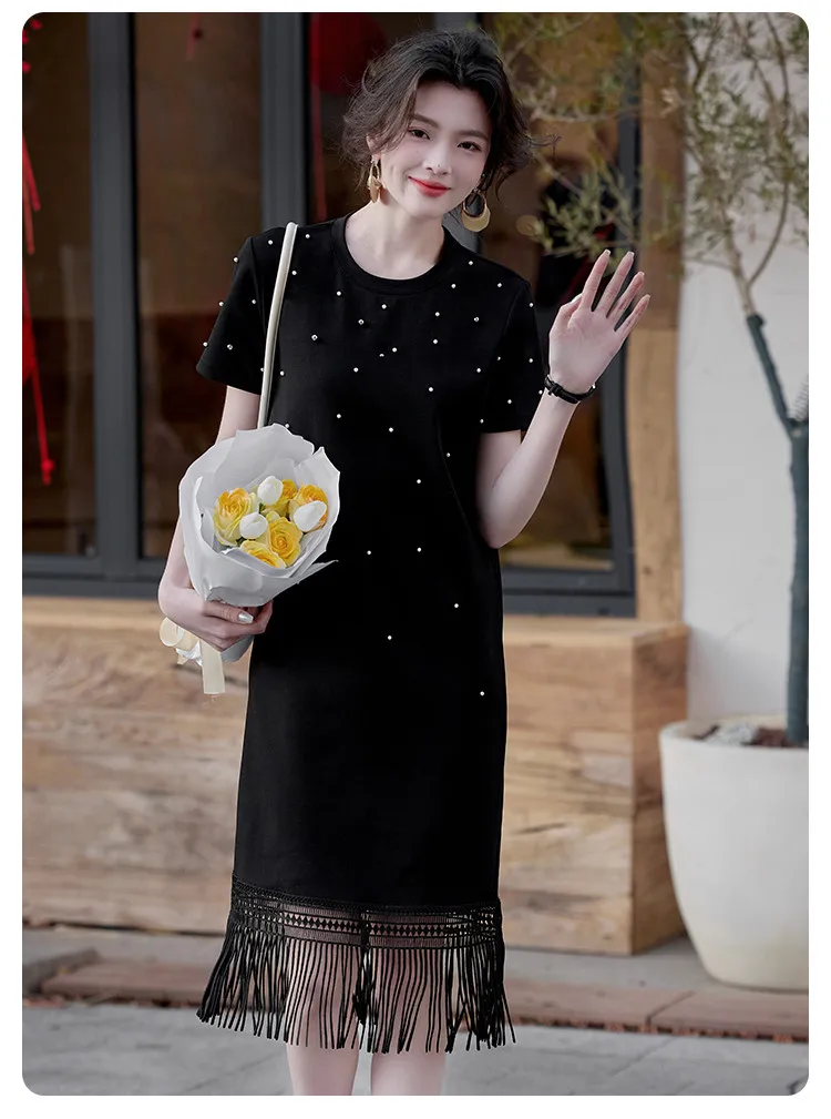 Vestido recto con borlas de verano para Mujer, Vestidos por debajo de la rodilla de manga corta con cuentas de perlas, Vestidos informales lisos a la moda para Mujer