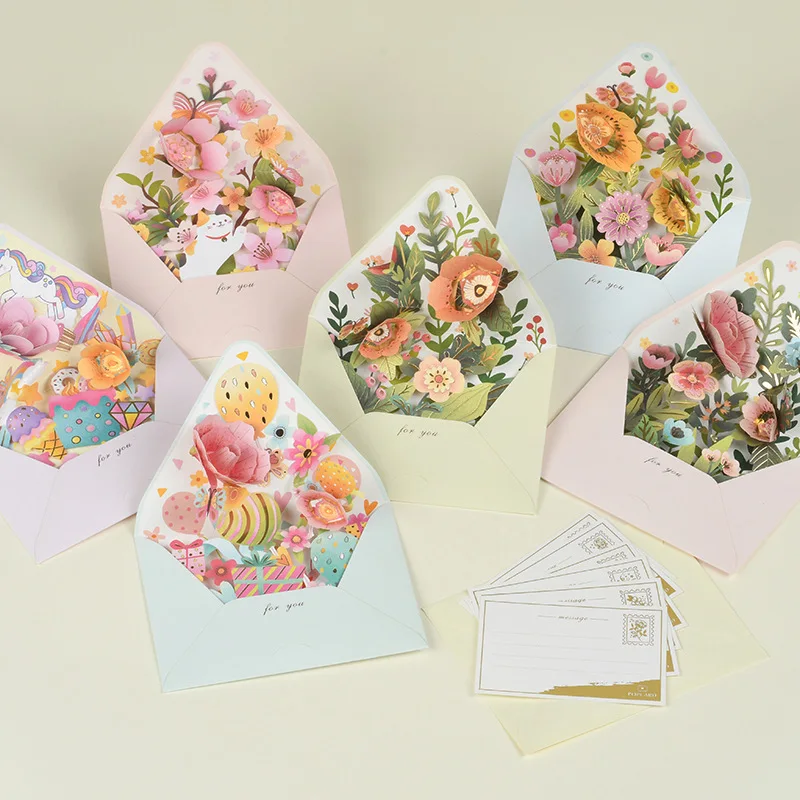 

Hot 4pcs Romantic Flower Birthday Christmas Card 3D Pop-up Greeting Cards Set Postcard Party Wedding Decor Creative Gifts Cards