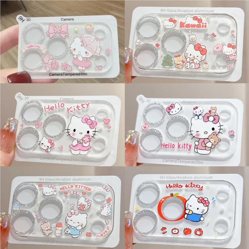 Protector de Lente de Cámara con Brillantina de Hello Kitty, Kawaii Sanrio, Película de Vidrio Templado 9H para iPhone 18 Pro Max, 18 Pro, 17 Pro Max