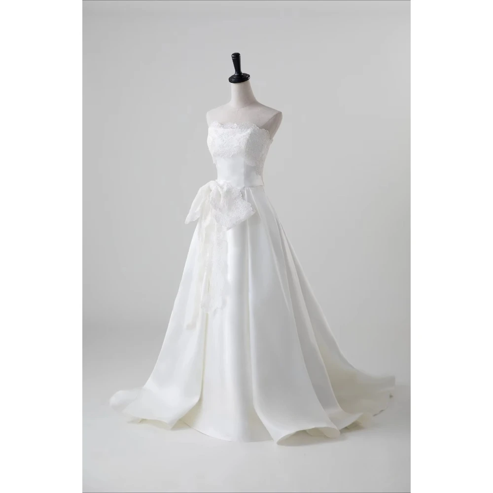 Customized Classic Floral Lace Bodice Satin Wedding Dress Large Lace Bow Sash Back Lace Up Corset Bridal Reception Church Garden