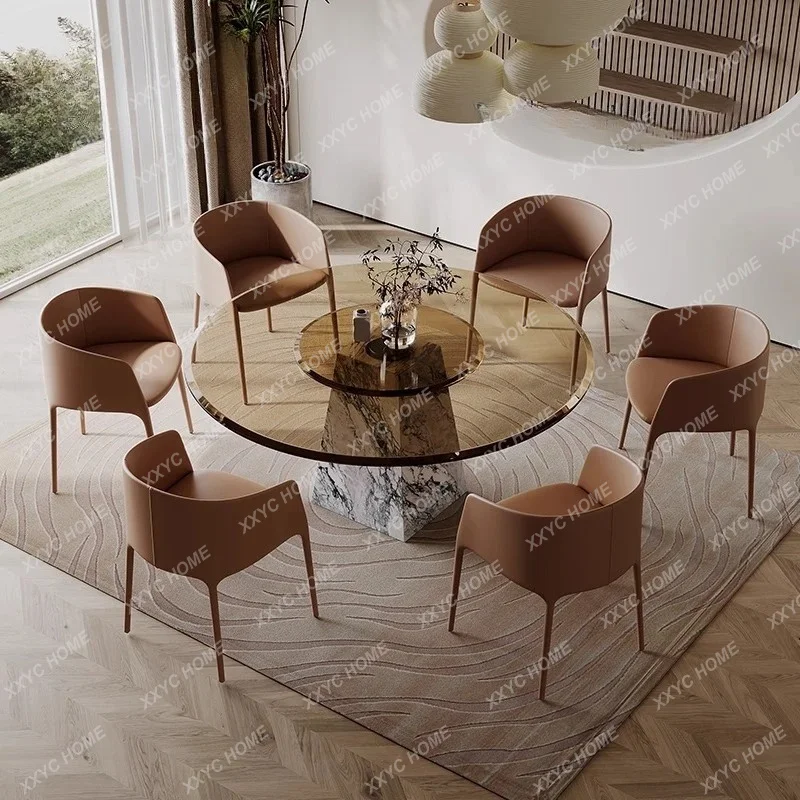 XXNatural marble dining table round tempered glass minimalist dining table and chair combination round dining table for 6 people