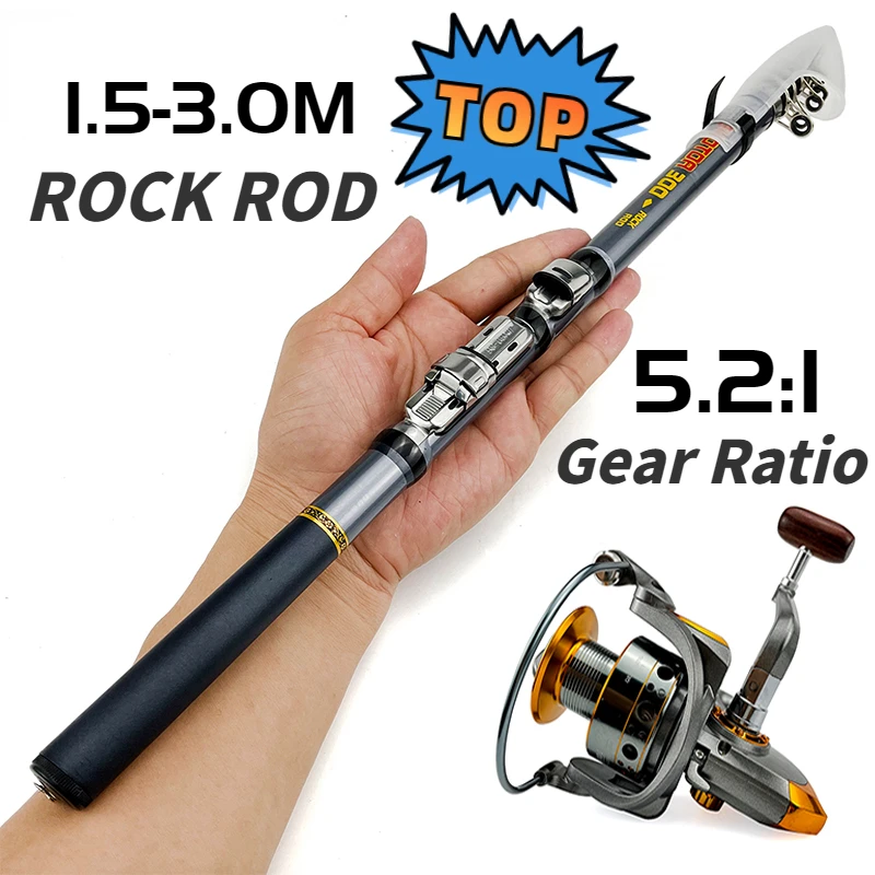 

GHOTDA Carbon Fiber Short Telescopic Rock Fishing Rod 1.5-3.0m and Spinning Reel 1000-3000 Combo for Bass Carp Fishing Tackle