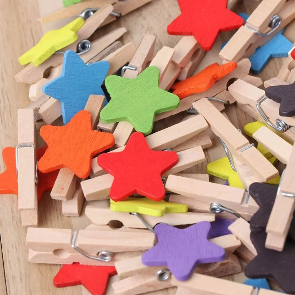 50Pcs Colored Star Mini Wooden Craft Clips Card Photo Paper Peg Pin Clothespin Home Wedding Decoration