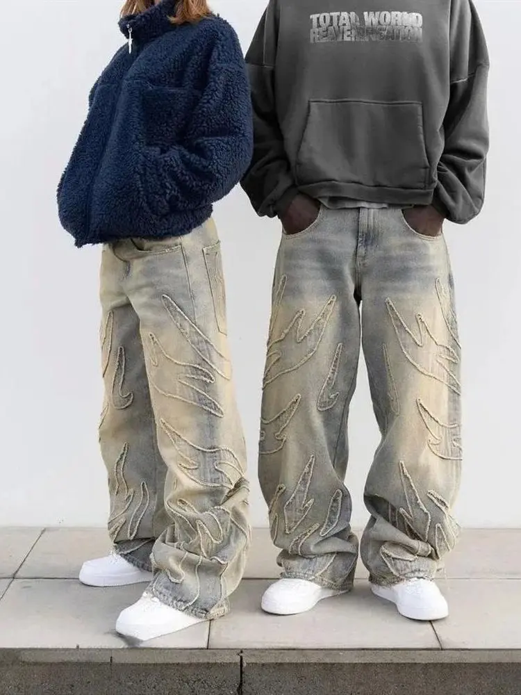 

Американские новые модные мешковатые повседневные джинсы с нашивками для мужчин и женщин Y2K High Street Harajuku, широкие джинсовые брюки с высокой талией