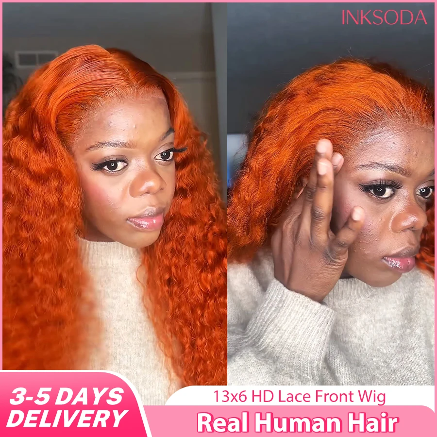 

Curly Ginger Wigs 13x6 HD Transparent Lace Frontal Brazilian Human Hair Wig Deep Wave 36 Inch High Density Colored Lace Front ￼