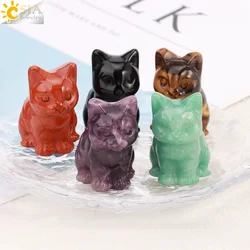 CSJA Natural Stone Cat Animal Hand Carved Home Decoration Healing Tiger Eye Pink Quartz Crystal Jewelry Gift for Man Women H251