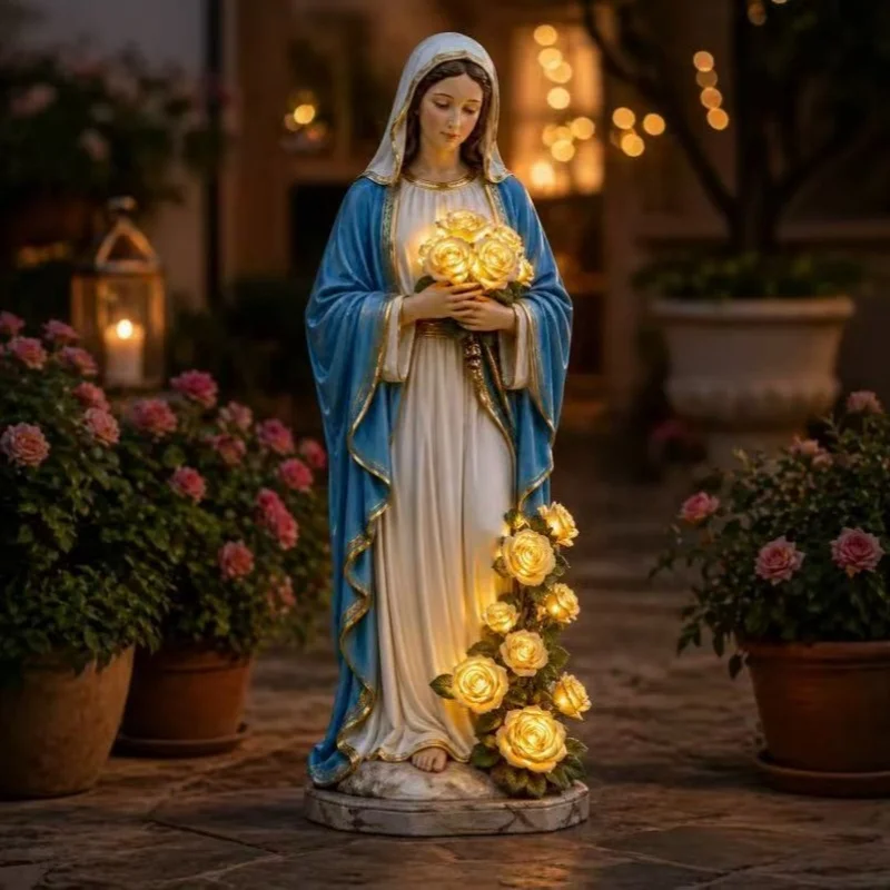 Resin Flower Virgin Mary Statue Garden Ornaments With Light Christian Religious Home Yard Decoration Prayer Spiritual Gift
