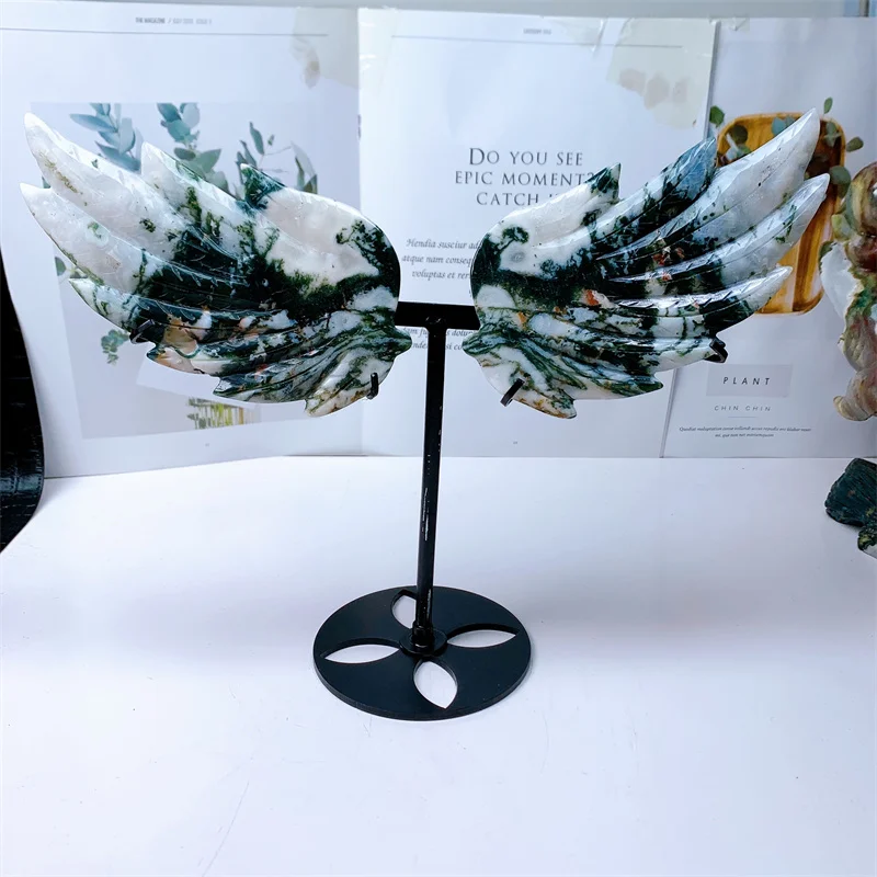 

Hand Carved Butterfly Figurine with Stand, Natural Moss Agate Angle Wings, Reiki Crystal, Healing Energy Stone, Home Decoration