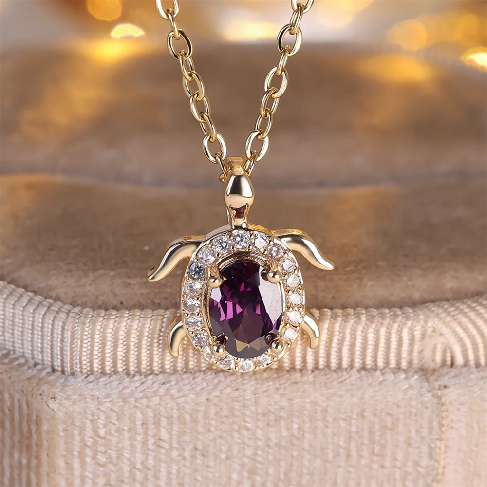 Female Crystal Purple Zircon Stone Cute Turtle Pendant Necklace Vintage Gold Color Wedding Jewelry For Women