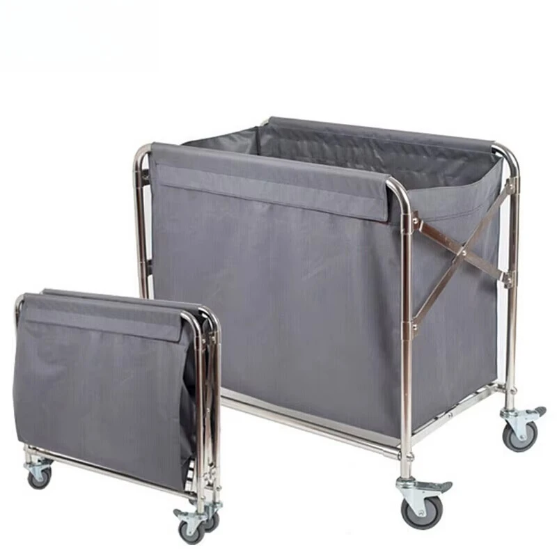 Housekeeping Soiled Clothes Laundry Trolley Stainless Steel X Type Foldable Canvas Linen Clean Cart