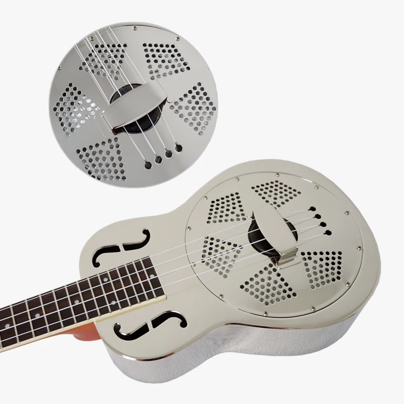 

Aiersi Brand 24 Inch F Hole Gloss Chrome Plated Brass Body Resonator Ukulele Concert Ukelele Biscuit Bridge Custom Logo