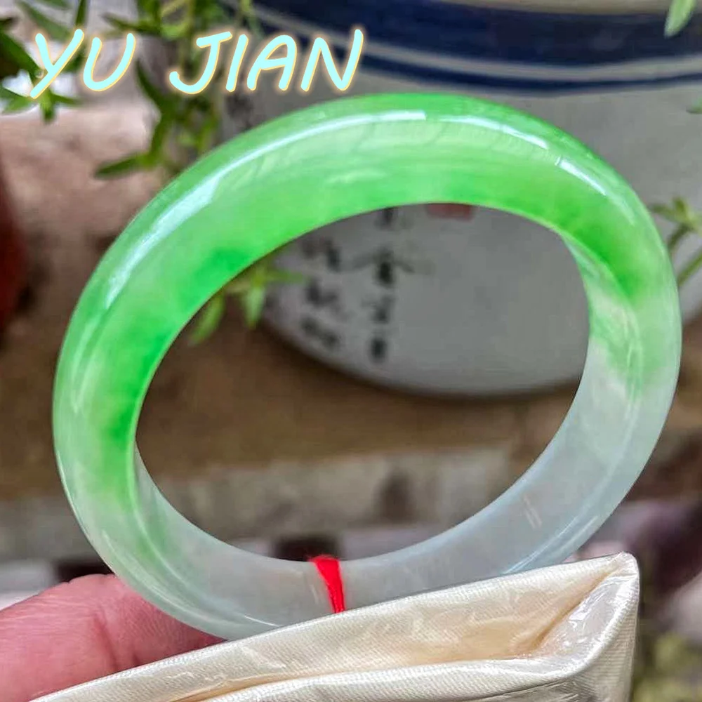 

High Quality Natural Grade A Bashan Jadeite Bangles Yang-Green Emperor Green Floating Flower Jade Bracelet Handring Fine Jewelry