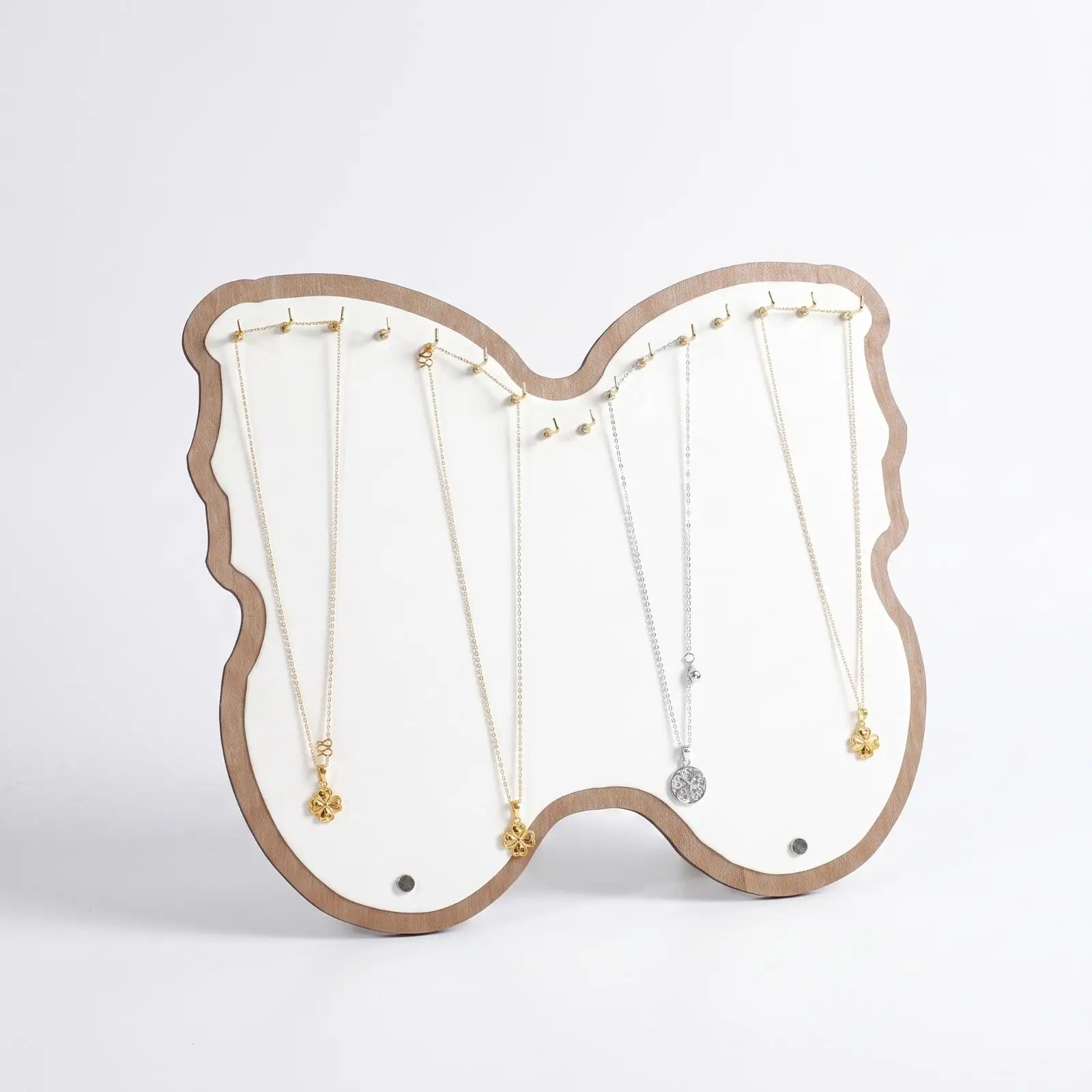 Elegant Wood Leather Jewelry Display Rack Butterfly Holder with Hooks and Round Openings for Necklaces Bracelets Countertop