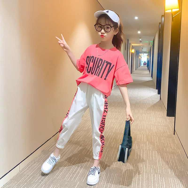 

2025 Teen Girls Sport Suit letters short t-shirt + striped Pants Children Set Tracksuit Kids Leggings 5 8 12 9 14 Years Clothing