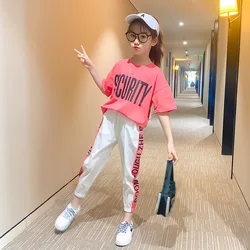 2024 Teen Girls Sport Suit letters short t-shirt + striped Pants Children Set Tracksuit Kids Leggings 5 8 12 9 14 Years Clothing