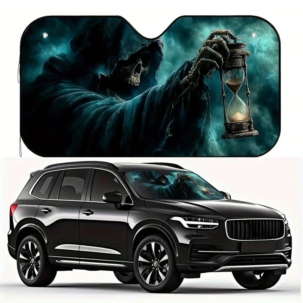 2D Flat Halloween Dark Hooded Figure Print Car Sunshade Stylish Functional Includes 4 Suction Cups for Easy Setup Foldable