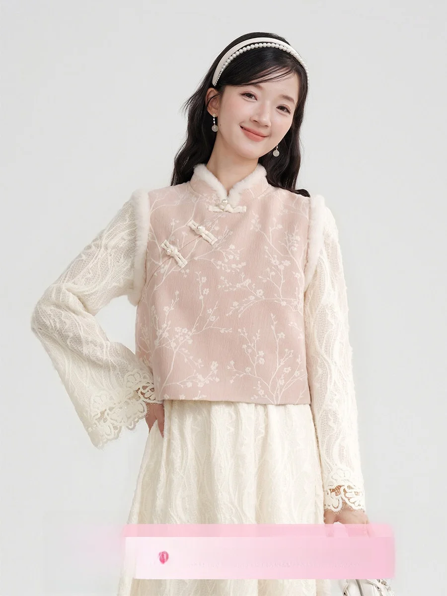 

Новогодний кружевной комплект из двух предметов: модный женский жилет в традиционном китайском стиле и зимняя куртка с длинными рукавами, молнией и воротником-стойкой