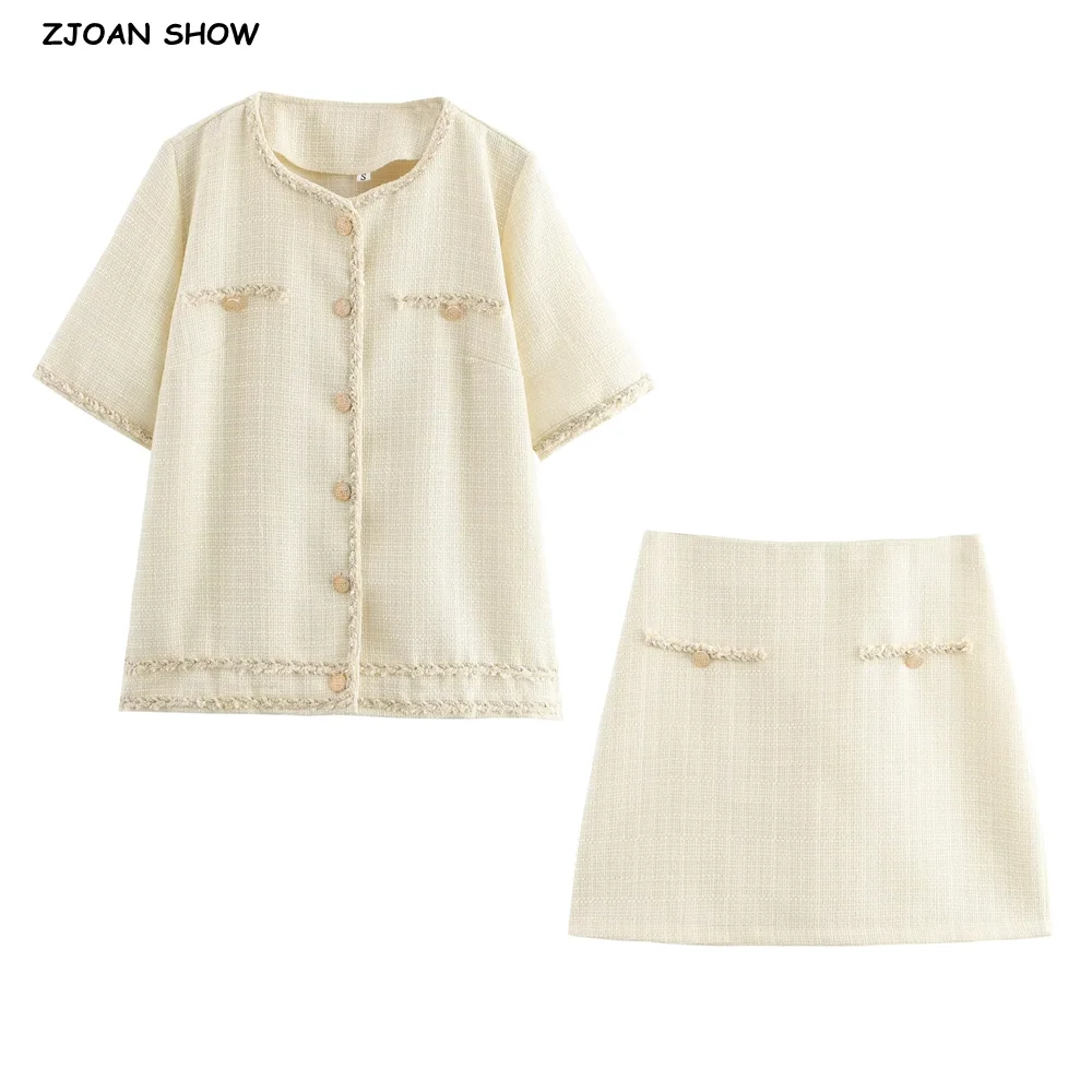 

2 Pieces 1 Set 2025 Sexy Women Beige Weave Tweed Short Sleeve Shirt Back Zipper High Waist Package Hips A-lined Mini Skirts