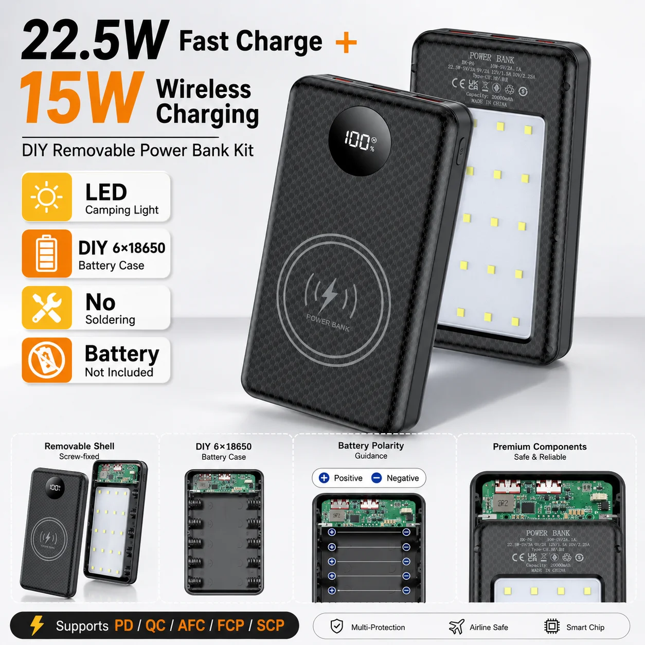 Integrated LED Lamp 18650 Charging Case, Portable 6 Slots Power Bank Housing Compatible with 22.5W PD QC & 15W Wireless Charge