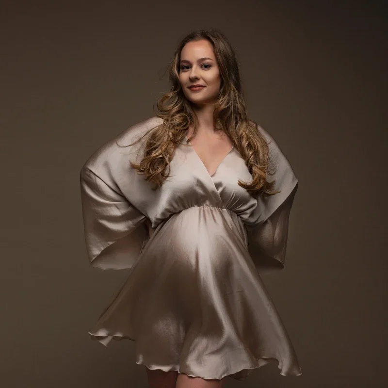 Batas de fotografía de maternidad para mujer, albornoz de satén suave, vestidos para sesión de fotos, falda de manga larga, vestido para mujer