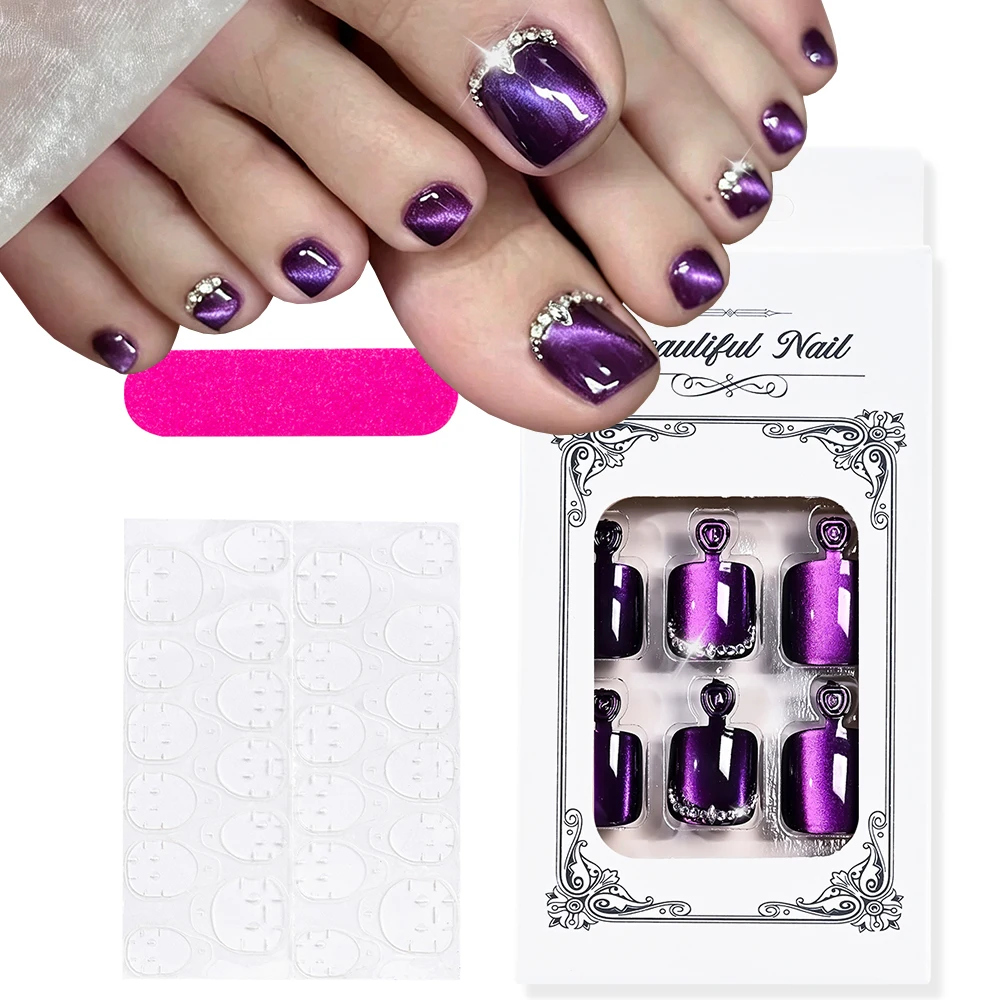 24pcs Purple Highlights Cat Eye Fake Toenails Mini Rhinestone Splicing Water Light Press On Toenails Waterdrop Diamond Toenails