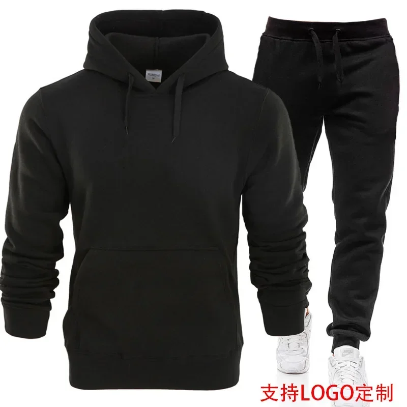 Men Tracksuits Autumn Winter Fleece Warm Suit 2 Pieces Sets Hooded Sweatshirt Pants Long Sweatpants Streetwear Men Outfit Set