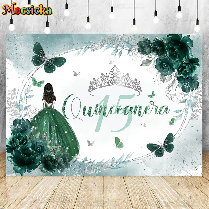 Quinceanera 15th Birthday Backdrop Dark Green Flower Dress Butterfly Crown Sweet Girl Princess Photo Background Cake Table Decor