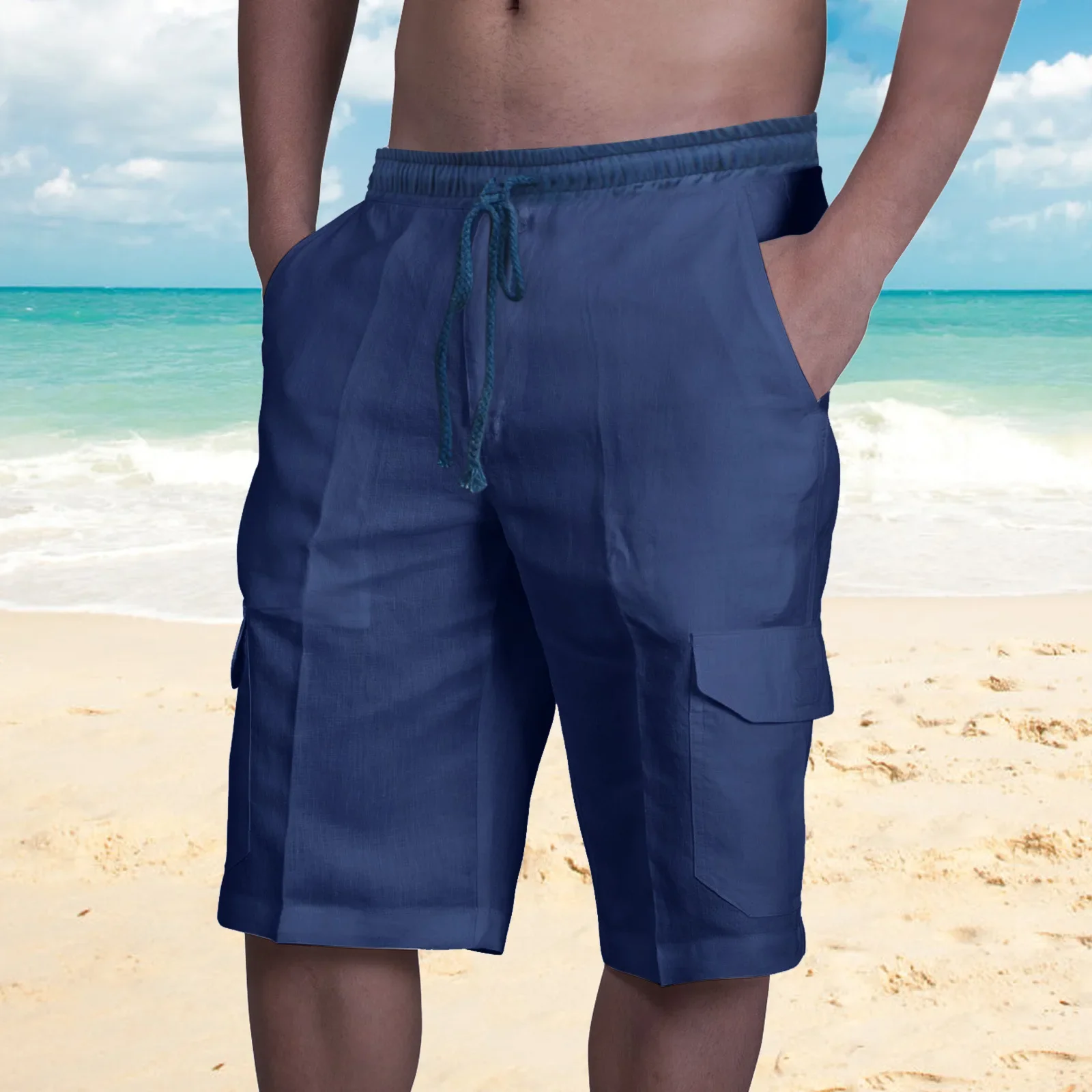 Summer Men's Cotton and Linen Casual Shorts with Multiple Pockets, Sporty and Fashionable, Elastic Waist, Breathable Beach Short