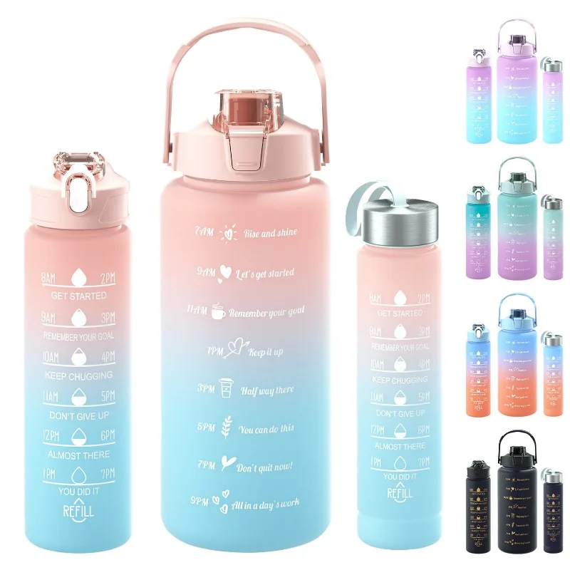 

3-Piece Set Large Capacity Gradient Water Bottle,Water Bottle with Straw 2 Litre Leakproof with Time Marker,for Sports Fitness