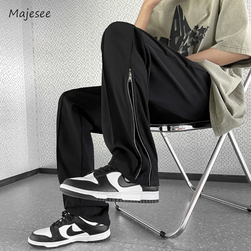 

Straight Pants Men Youthful Popular Side Zipper Japanese Style Harajuku Full Length Aesthetic Hipster Autumn Fashion College New